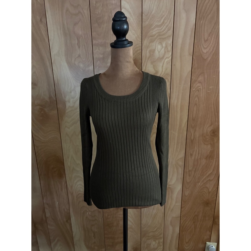 Pink‎ Rose Olive Green Ribbed Knit Scoop Neck Long Sleeve Top Womens Size Medium
